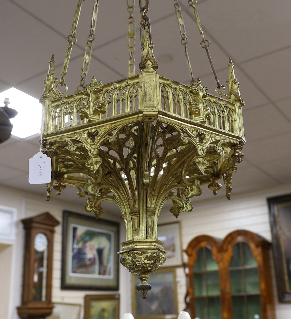 A Neo Gothic 19th century ormolu three light ceiling light, 115cm drop from rose